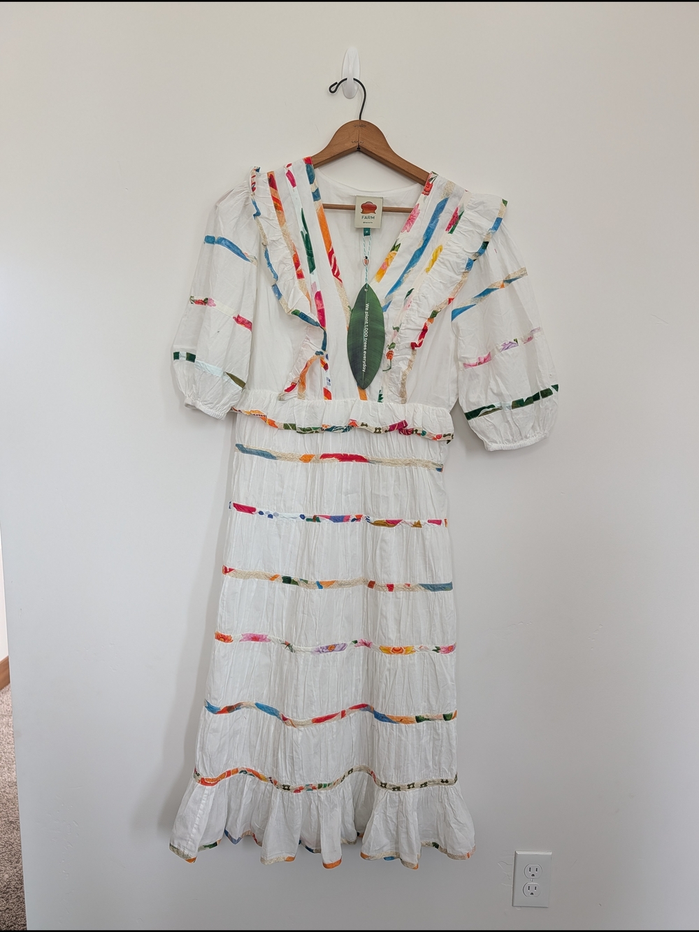 FARM Rio White Midi Dress with Multicolor Stripe Trim